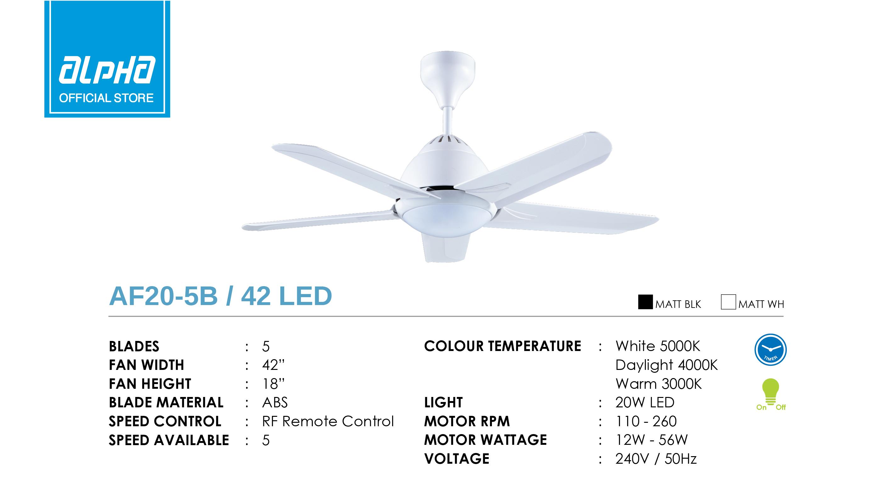 Alpha 5 Blade Led Remote Control Ceiling Fan 42 White