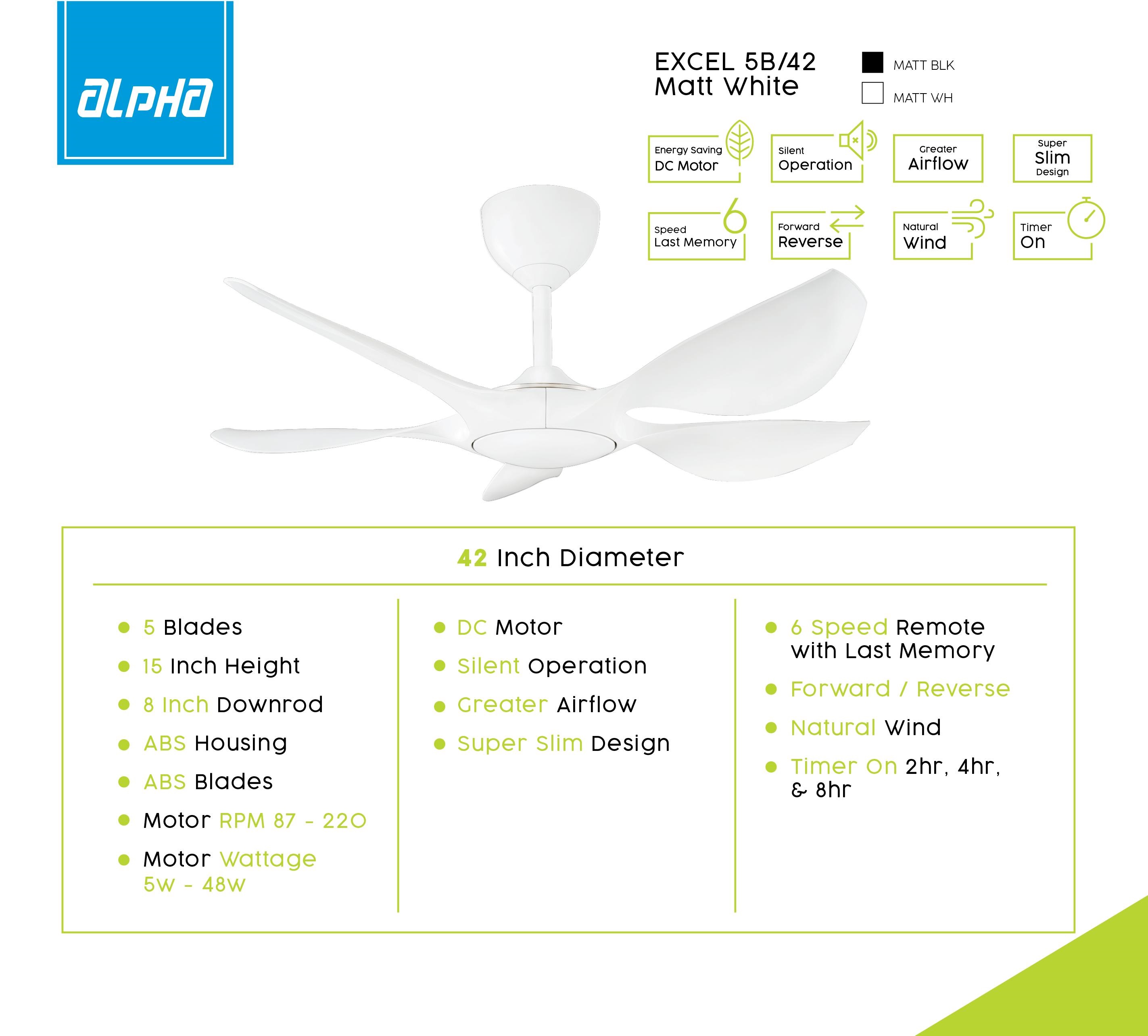 Alpha 42 Alkova Excel 5 Blade Ceiling Fan With Remote